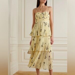Yellow Floral Silhouette Chiffon Tiered Midi Dress